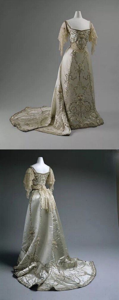 由House of Worth设计的舞会礼服(1900-1905)，由丝绸、棉花和金属线制成