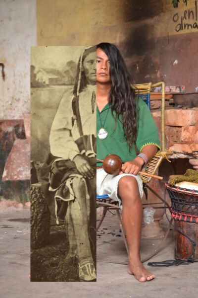 热·维亚纳，现代摄影：《水之人的语言》；历史摄影：《年轻的瓦亚皮男子》，由D·蒂尔金·加卢瓦拍摄（泰特图瓦村，1991年），《对等》系列，2016–2025年。图片由艺术家提供。Gê Viana, Modern photography: Yaku Run…