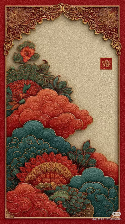 中式风格 米红配色 优雅喜庆纹样边框 一颗酸苹果的壁纸库