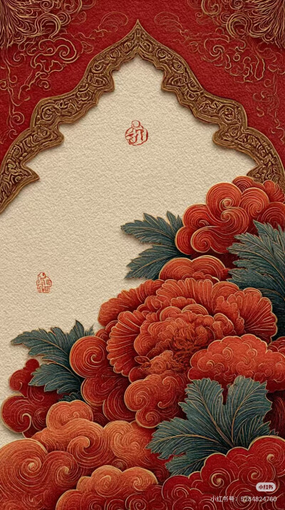 中式风格 米红配色 优雅喜庆纹样边框 一颗酸苹果的壁纸库