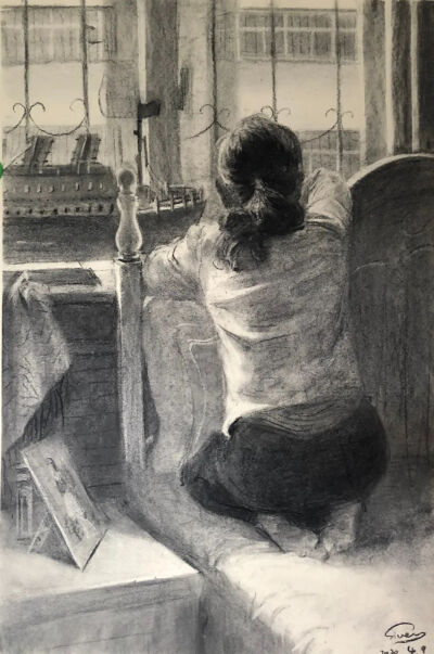 马常乐 《盼望》 76cm×52cm 
纸本木炭  2020年  指导教师：刘霞飞
