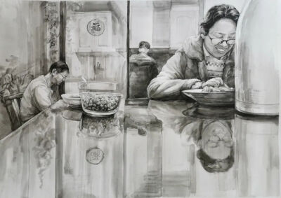 眭艺胧 《窥视》 76cm×108cm 
纸本水彩  2020年  指导教师：卢征远
