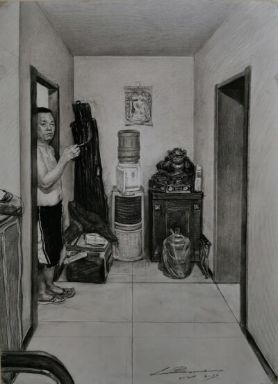 鲁博文 《走廊尽头》 50cm×40cm 
纸本炭笔、索斯  2020年  指导教师：刘霞飞
