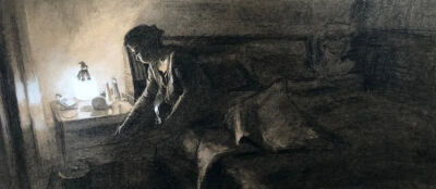 马常乐 《夜晚床边》 37cm×52cm 
纸本炭笔  2020年  指导教师：刘霞飞
