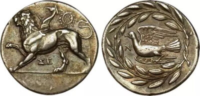 ▲古罗马银币：正反两面分别是凶兽喀迈拉和吉祥的鸽子    公元330-360年