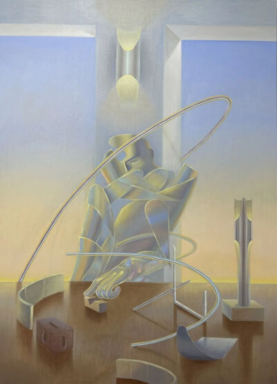 吴凌昊《自恋者（茶、方块、奥德拉岱克）》
布面油画，180x130cm，2025年
