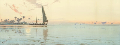 这一组水彩画作品来自艺术家Augustus Osborne Lamplough，我从网上找不到这位画家的介绍，不知道他来自哪个国家地区。通过他画的作品推断估计是来自埃及，因为他画了很多的沙漠风光和金字塔作品。