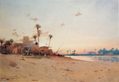 这一组水彩画作品来自艺术家Augustus Osborne Lamplough，我从网上找不到这位画家的介绍，不知道他来自哪个国家地区。通过他画的作品推断估计是来自埃及，因为他画了很多的沙漠风光和金字塔作品。