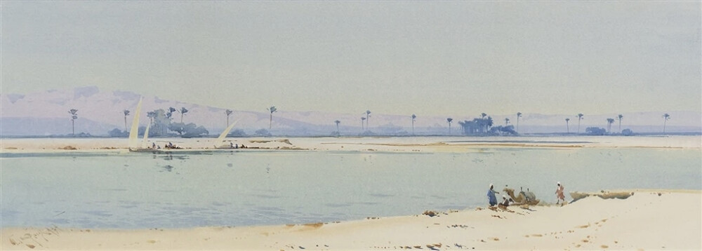 这一组水彩画作品来自艺术家Augustus Osborne Lamplough，我从网上找不到这位画家的介绍，不知道他来自哪个国家地区。通过他画的作品推断估计是来自埃及，因为他画了很多的沙漠风光和金字塔作品。