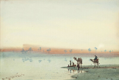 这一组水彩画作品来自艺术家Augustus Osborne Lamplough，我从网上找不到这位画家的介绍，不知道他来自哪个国家地区。通过他画的作品推断估计是来自埃及，因为他画了很多的沙漠风光和金字塔作品。