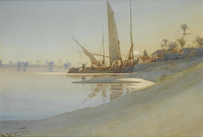 这一组水彩画作品来自艺术家Augustus Osborne Lamplough，我从网上找不到这位画家的介绍，不知道他来自哪个国家地区。通过他画的作品推断估计是来自埃及，因为他画了很多的沙漠风光和金字塔作品。