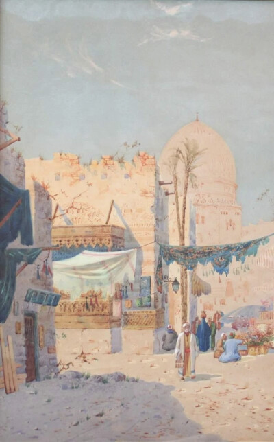 这一组水彩画作品来自艺术家Augustus Osborne Lamplough，我从网上找不到这位画家的介绍，不知道他来自哪个国家地区。通过他画的作品推断估计是来自埃及，因为他画了很多的沙漠风光和金字塔作品。