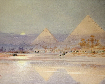 这一组水彩画作品来自艺术家Augustus Osborne Lamplough，我从网上找不到这位画家的介绍，不知道他来自哪个国家地区。通过他画的作品推断估计是来自埃及，因为他画了很多的沙漠风光和金字塔作品。