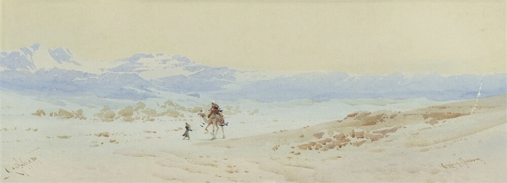 这一组水彩画作品来自艺术家Augustus Osborne Lamplough，我从网上找不到这位画家的介绍，不知道他来自哪个国家地区。通过他画的作品推断估计是来自埃及，因为他画了很多的沙漠风光和金字塔作品。