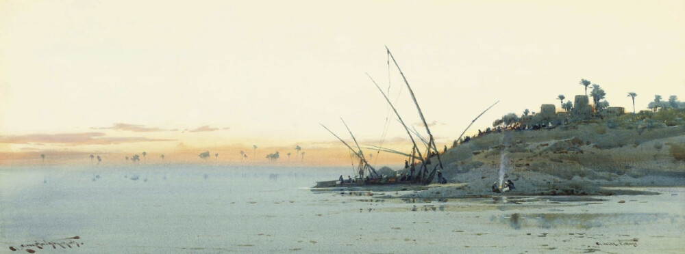 这一组水彩画作品来自艺术家Augustus Osborne Lamplough，我从网上找不到这位画家的介绍，不知道他来自哪个国家地区。通过他画的作品推断估计是来自埃及，因为他画了很多的沙漠风光和金字塔作品。