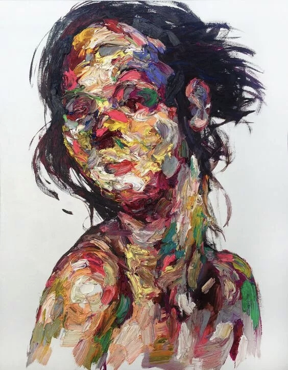 这是一些看着很过瘾的作品，韩国画家kwangho shin的创作。
轮廓廓包裹着色彩，内部层层叠叠的色彩交织在一起，从模糊的面部轮廓和斑斓的面部色彩体现出，艺术家对于人类情感复杂性的表达。
