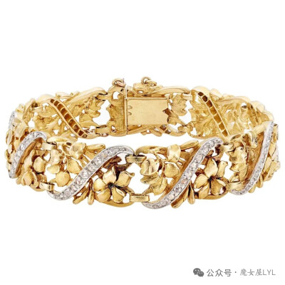 Belle Époque 18K 金铂金花卉镂空饰牌手链，镶嵌钻石