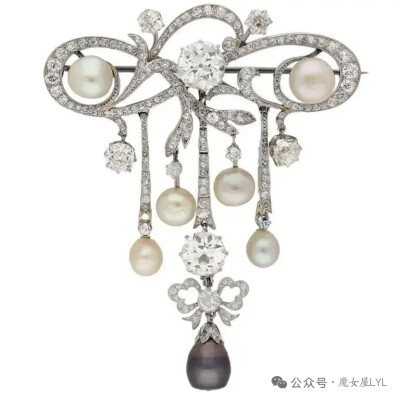 爱德华时代天然珍珠和钻石吊坠/胸针，约 1905 年。