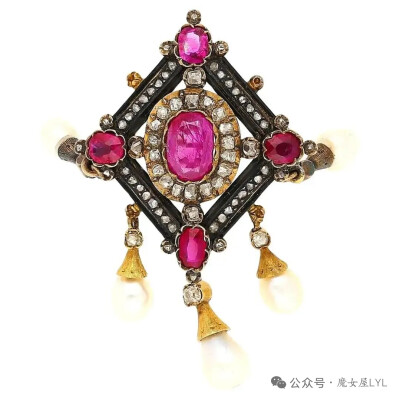 古董维多利亚无热红宝石、珍珠和钻石金/银胸针
