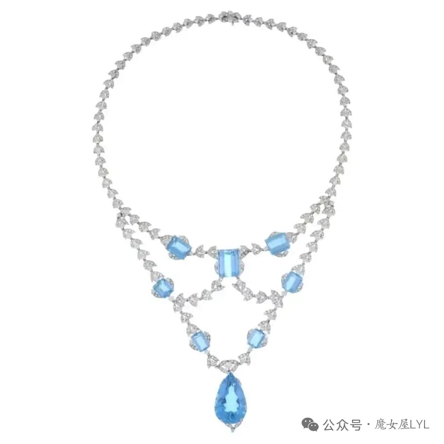 大号海蓝宝石和钻石吊灯项链