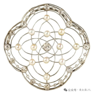 1890年代美好年代天然珍珠钻石18克拉黄金铂金胸针