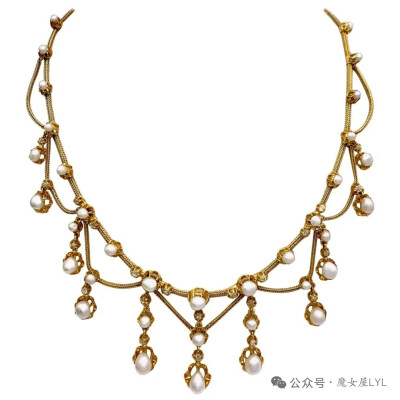 古董美好时代东方珍珠钻石黄金铰接项链法国