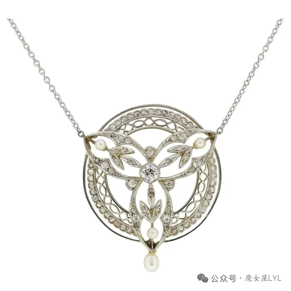 爱德华时代天然珍珠和钻石吊坠项链