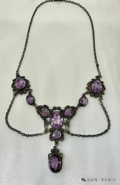 Belle Epoque 紫水晶花饰项链纯银古董新艺术风格