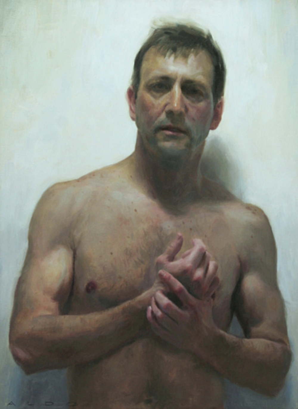 奥尔多·鲍尔丁（b. 1960）是现居法国南部的英国当代具象画家，以其兼具电影感与情绪张力的叙事肖像作品而闻名。鲍尔丁的作品以“开放式情境”著称：画面常描绘日常生活中的瞬间——如咖啡馆一隅、喷泉旁的等待者、街头沉思的人群，无明确故事结局，却充满隐秘张力。他认为肢体语言比语言更能传达情绪，因此通过姿态与空间安排构造叙事悬念，观者仿佛置身电影场景。