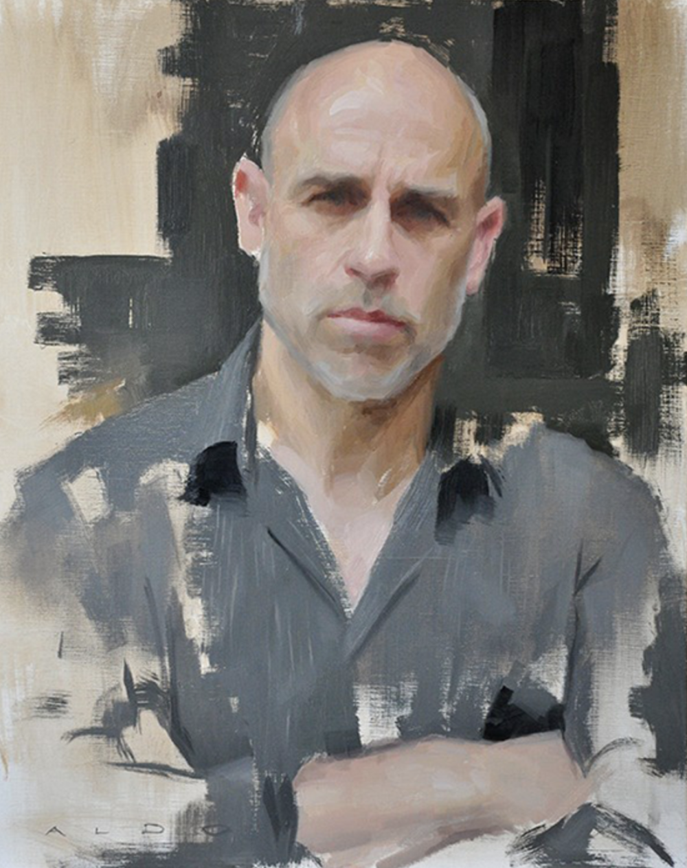 奥尔多·鲍尔丁（b. 1960）是现居法国南部的英国当代具象画家，以其兼具电影感与情绪张力的叙事肖像作品而闻名。鲍尔丁的作品以“开放式情境”著称：画面常描绘日常生活中的瞬间——如咖啡馆一隅、喷泉旁的等待者、街头沉思的人群，无明确故事结局，却充满隐秘张力。他认为肢体语言比语言更能传达情绪，因此通过姿态与空间安排构造叙事悬念，观者仿佛置身电影场景。