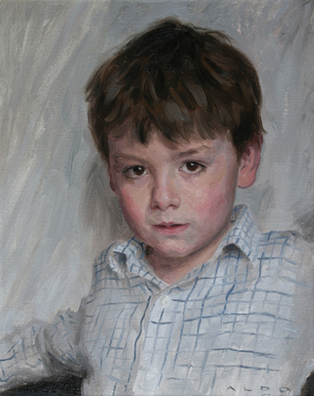 奥尔多·鲍尔丁（b. 1960）是现居法国南部的英国当代具象画家，以其兼具电影感与情绪张力的叙事肖像作品而闻名。鲍尔丁的作品以“开放式情境”著称：画面常描绘日常生活中的瞬间——如咖啡馆一隅、喷泉旁的等待者、街头沉思的人群，无明确故事结局，却充满隐秘张力。他认为肢体语言比语言更能传达情绪，因此通过姿态与空间安排构造叙事悬念，观者仿佛置身电影场景。