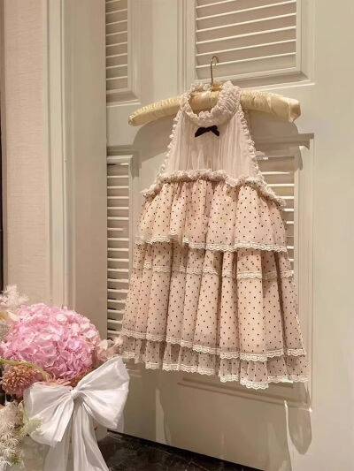 森系小清新多层衣摆蕾丝拼接荷叶边碎花吊带