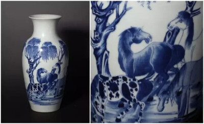 清乾隆  青花柳下五骏图观音瓶及局部 
 观复博物馆藏
