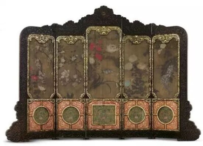 清雍正   黑漆泥金贴鸡翅木玻璃炕屏