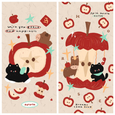 小黑猫马年苹果卡通壁纸