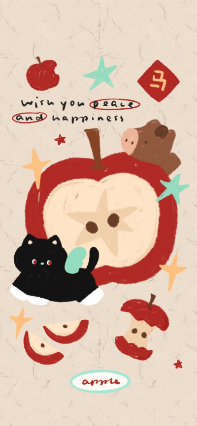 小黑猫马年苹果卡通壁纸