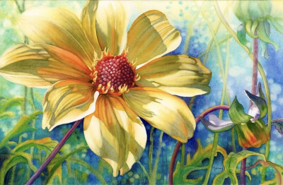 艺术家Marney Ward笔下的水彩花卉散发着洁净的光，花瓣是那么轻柔娇嫩，如沐浴在和煦的风中，连阴影都透着温柔。