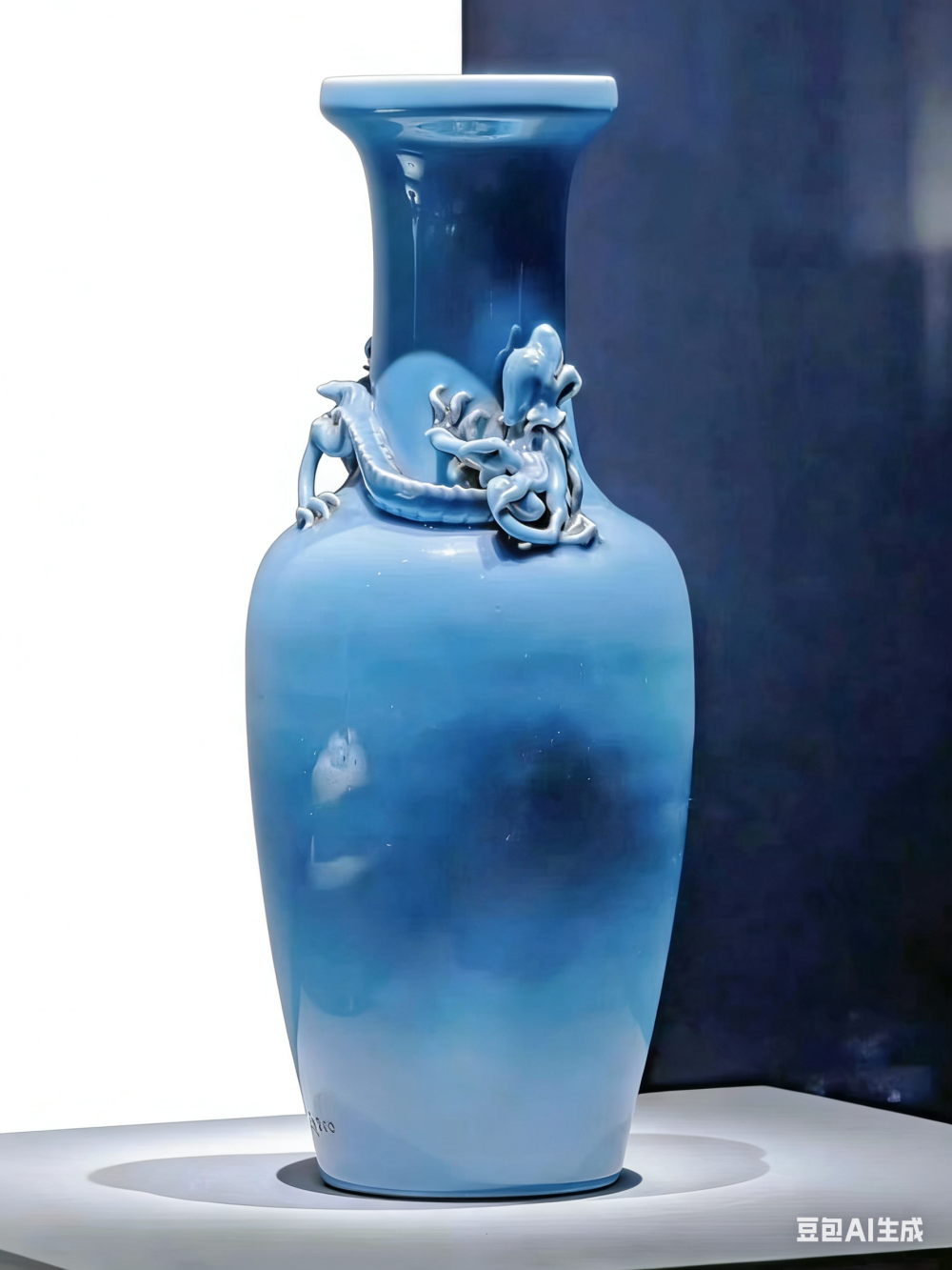 清雍正天蓝釉堆塑龙纹瓶，现收藏于湖南博物院（湖南省博物馆）