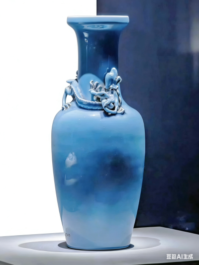 清雍正天蓝釉堆塑龙纹瓶，现收藏于湖南博物院（湖南省博物馆）