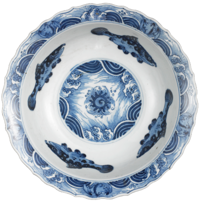 清康熙 青花海水四鱼纹碗