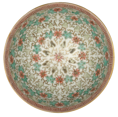 清同治 长春同庆款黄地粉彩开光“五谷丰登”碗
