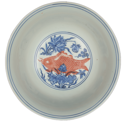 明正德 青花矾红彩五鱼纹碗