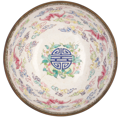 清 画珐琅黄地寿字缠枝花卉蝙蝠纹碗