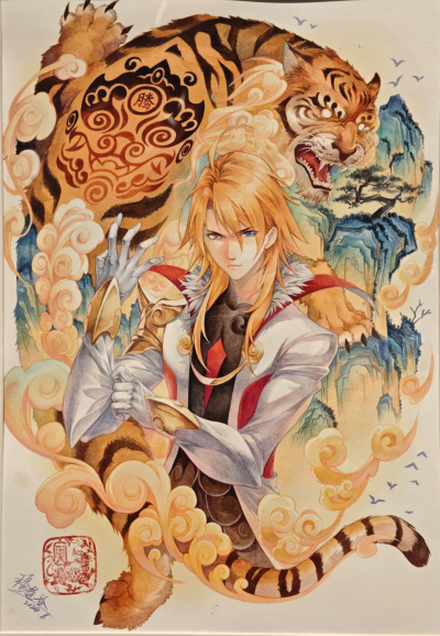 穆逢春老师绘制，《斗罗大陆》漫画同人。《腾虎揽岳》—邪眸白虎戴沐白。(来源于网络，侵权删)