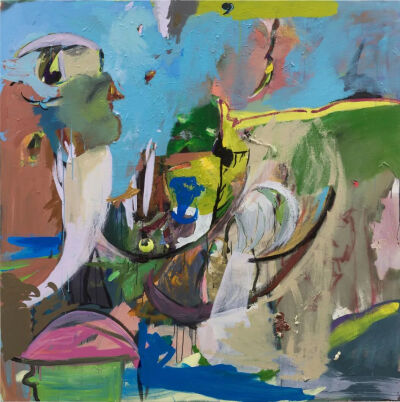 黄明达《已知最大的虫，仍在生长中》2025年，布面丙烯、马克笔、油画棒、发泡剂、涂鸦漆、3D仿真网球车贴、水性封闭漆，180 × 180 cm