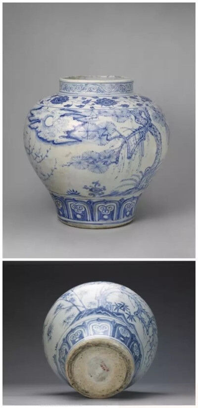 明空白期  青花松竹梅纹罐及底款
北京故宫博物院藏
