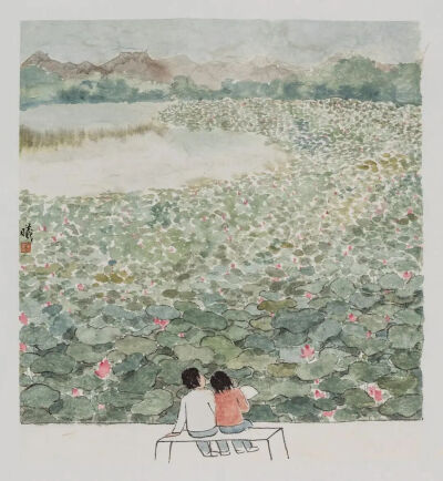 林曦《荷风》，纸本水墨，42cm × 38cm，2018年