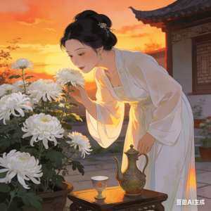 烟霞笑傲几重阳，逸态偏宜浅淡妆。不藉铅华标晚节，肯将颜色媚秋光。
月明老圃枝逾瘦，霜厌疏篱叶未黄。恰称素心人送酒，陶家三径好倾觞。