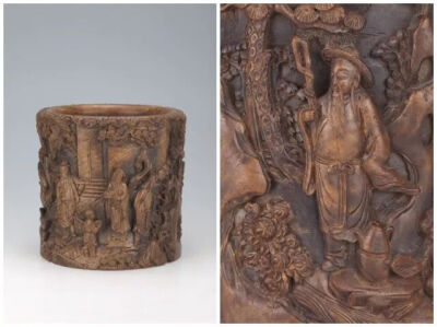 明晚期  黄花梨高浮雕八爱纹笔筒
及“陶渊明爱菊”局部
观复博物馆藏
