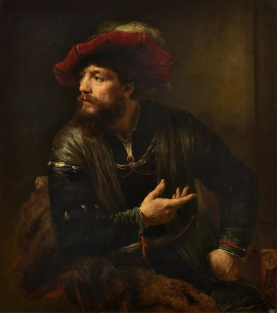 威廉·德罗斯特，《戴红色羽毛贝雷帽的男子》（1654 年）。图片：由 Agnews Gallery/Leiden Collection 提供。